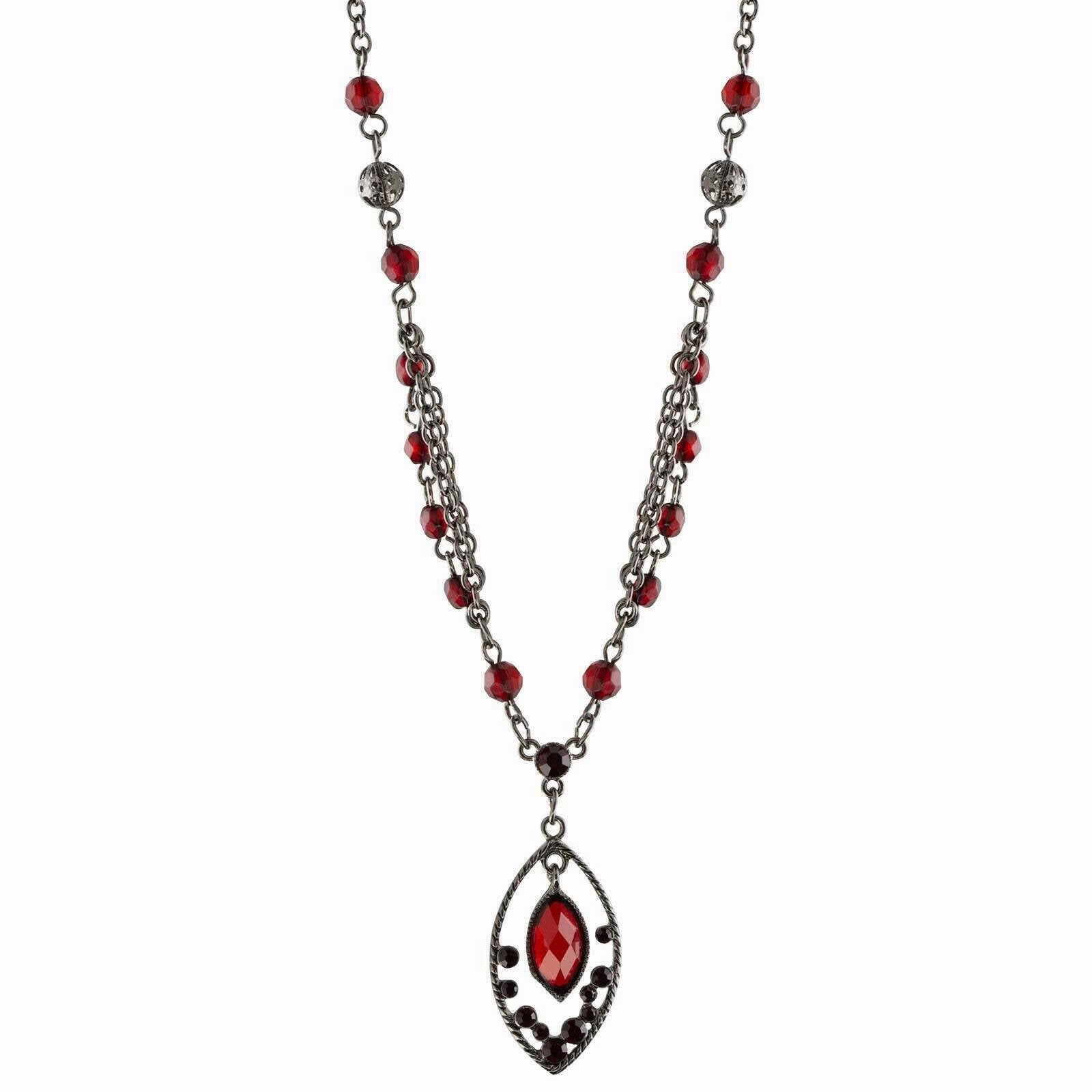 1928 Jewelry Red Faceted Oval Drop Pendant Necklace 16"   3" Extender