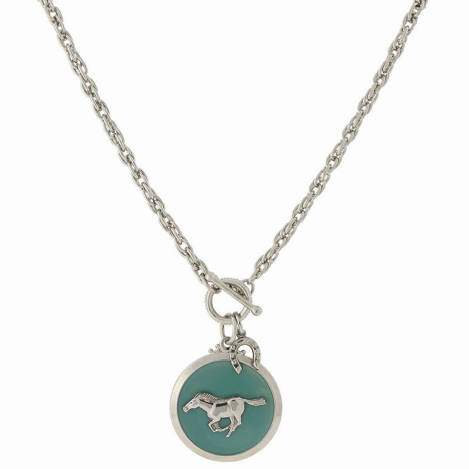 1928 Jewelry Turquoise Color Enamel Horse Pendant Toggle Necklace 18"