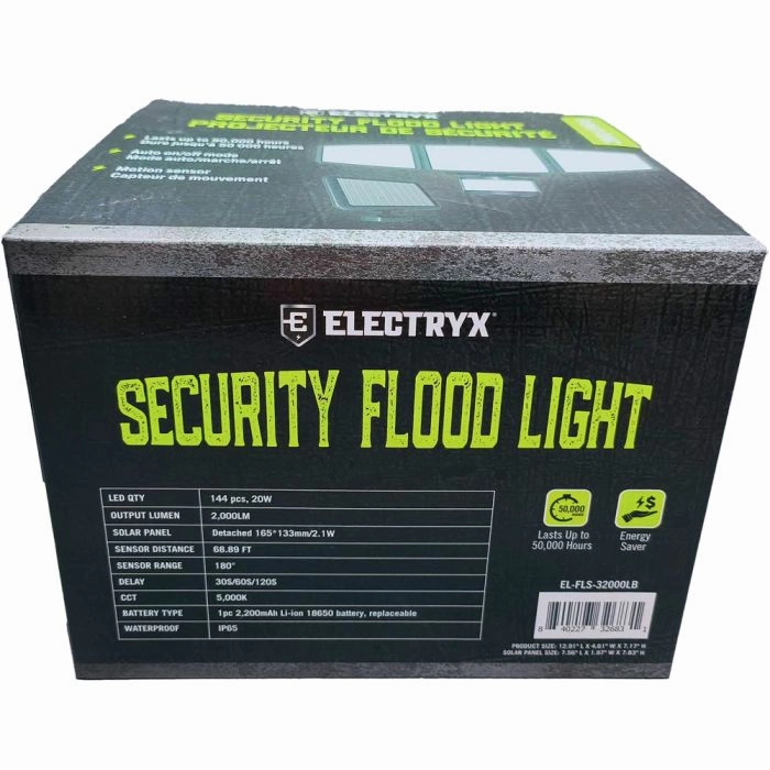 2000 Lumens Solar Powered LED Security Flood Light - Black