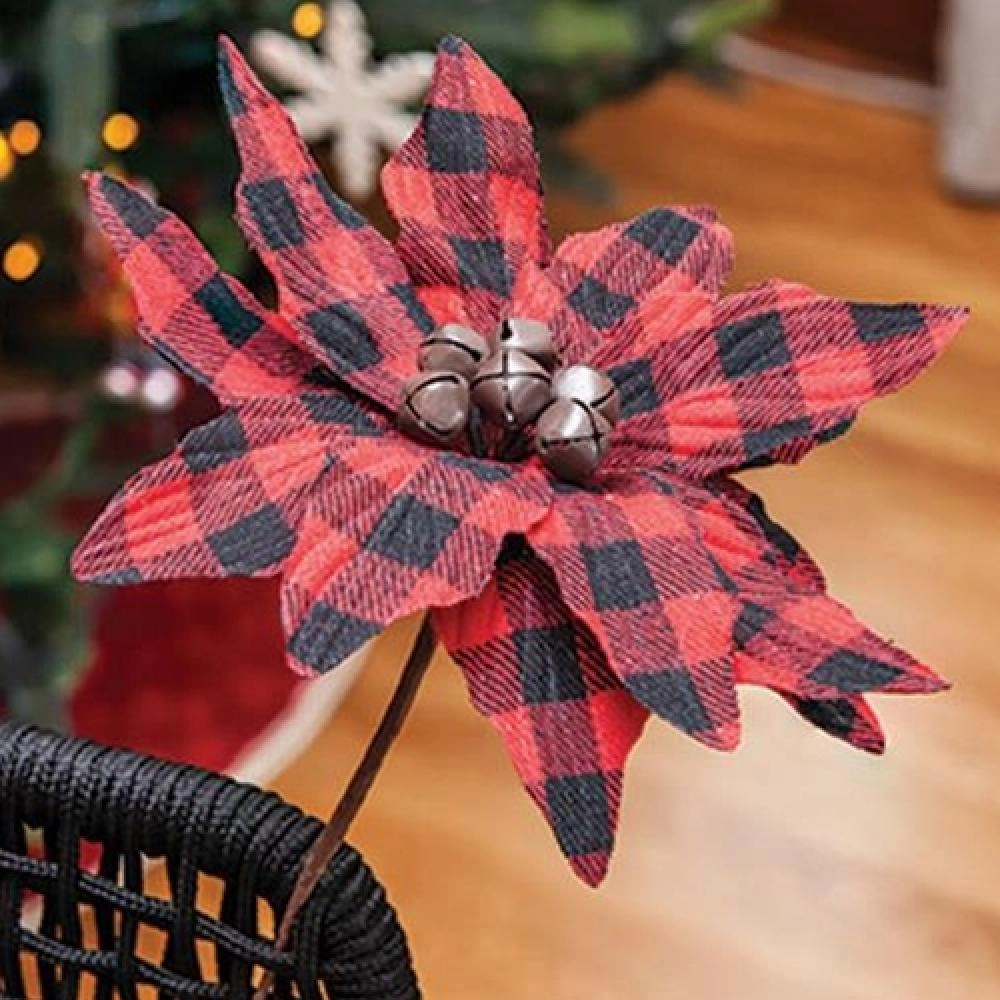 *Buffalo Check Jingle Bell Poinsettia Stem 9.5"