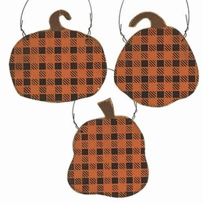*Distressed Black & Orange Buffalo Check Pumpkin Ornament 3 Asstd.