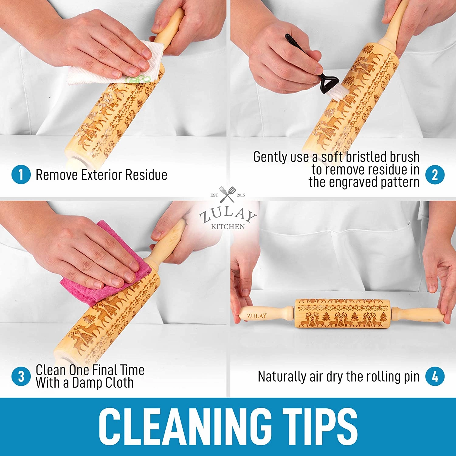(Set of 2) Wooden Carved Christmas Rolling Pin