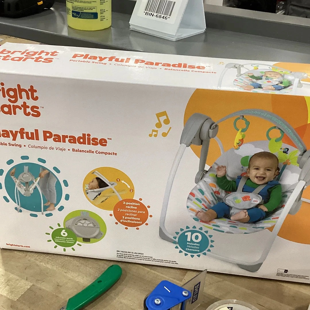 Bright Starts Playful Paradise Portable Compact Automatic Baby Swing with Music