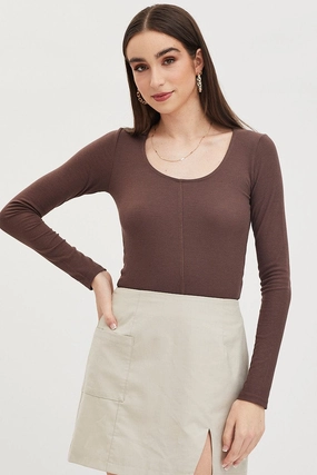 Brown Top Long Sleeve Round Neck