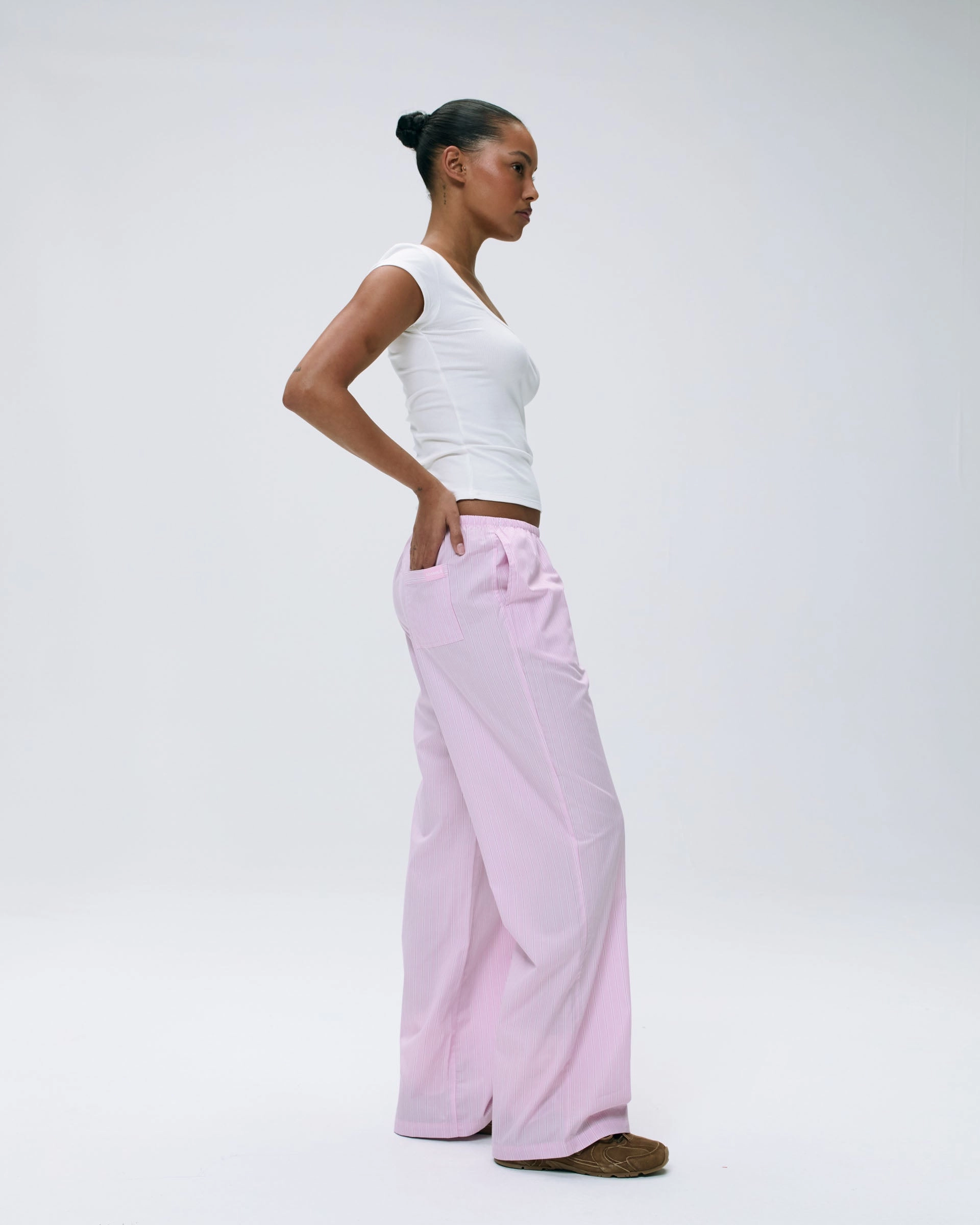 Cotton Stripe Pull On Pants - Pink/White