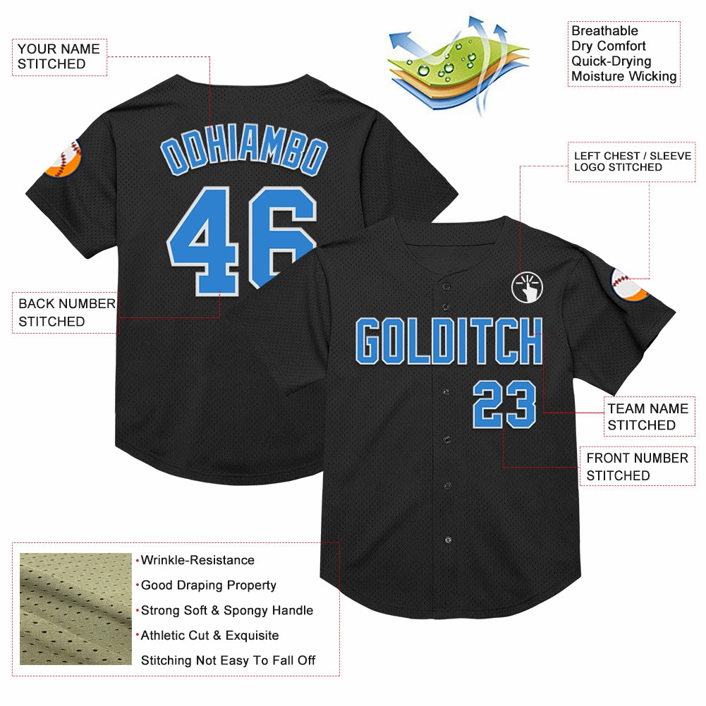 Custom Black Electric Blue-White Mesh Authentic Throwback Baseball Jersey