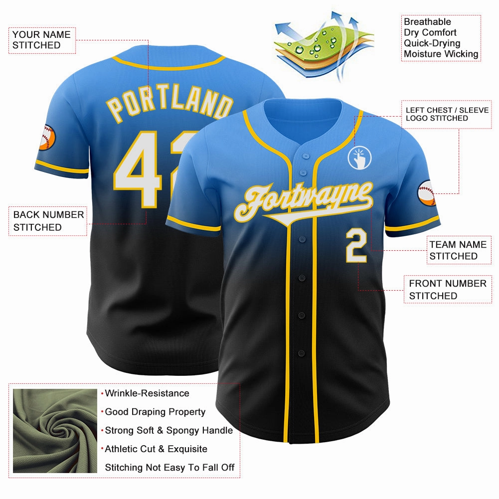 Custom Electric Blue Black-Yellow Authentic Fade Fashion Baseball Jersey