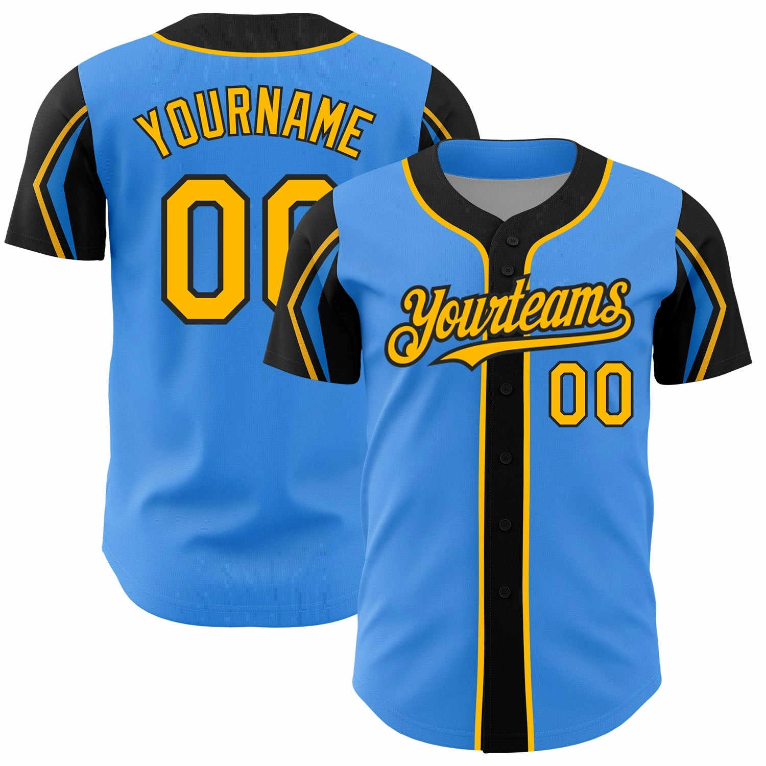 Custom Electric Blue Gold-Black 3 Colors Arm Shapes Authentic Baseball Jersey