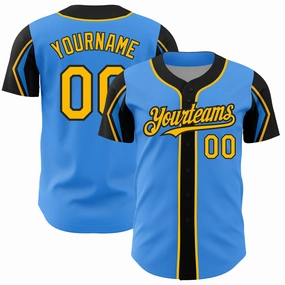 Custom Electric Blue Gold-Black 3 Colors Arm Shapes Authentic Baseball Jersey