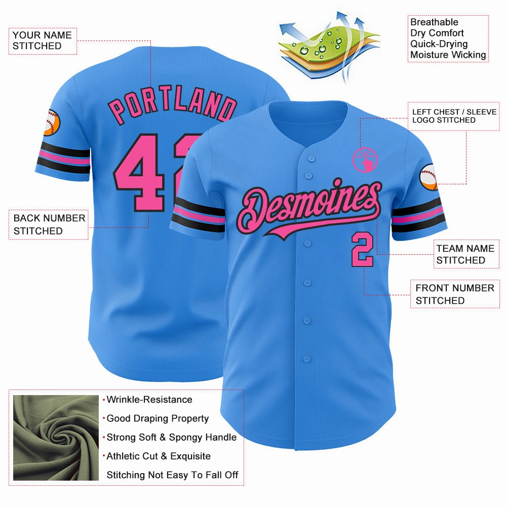 Custom Electric Blue Pink-Black Authentic Baseball Jersey