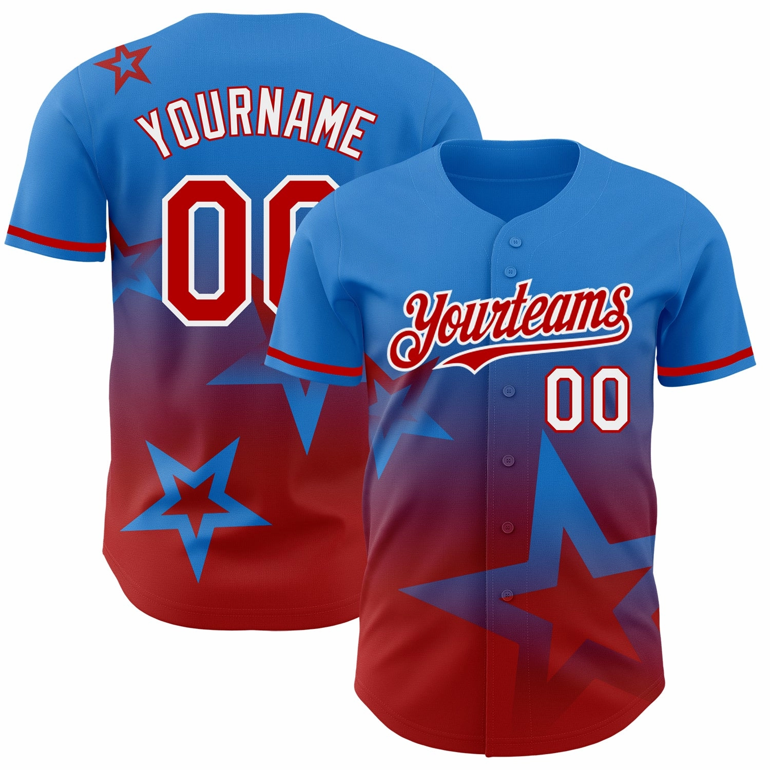 Custom Electric Blue Red-White 3D Pattern Design Gradient Style Twinkle Star Authentic Baseball Jersey