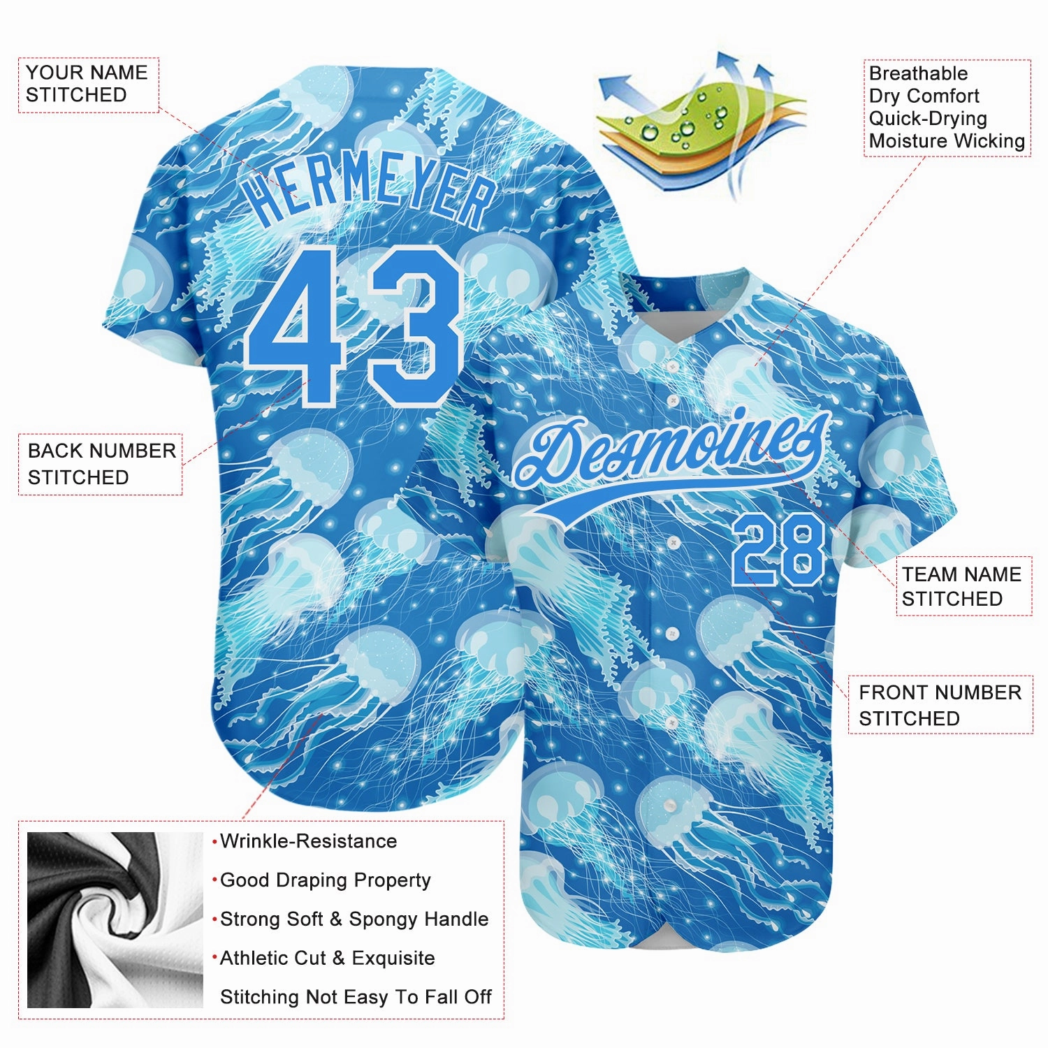 Custom Electric Blue White 3D Pattern Design Jellyfish Authentic Baseball Jersey