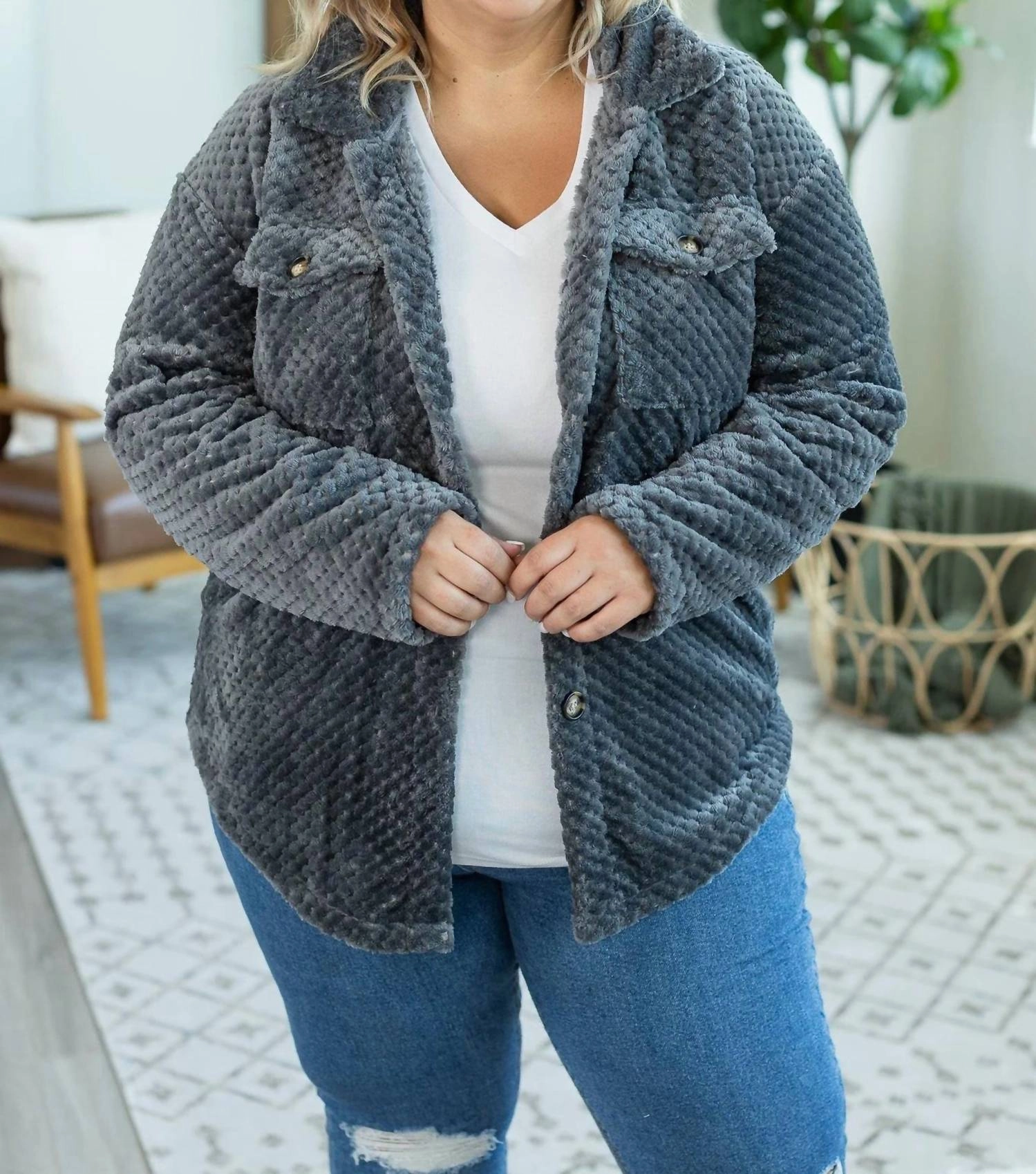 Fleece Shacket In Charcoal
