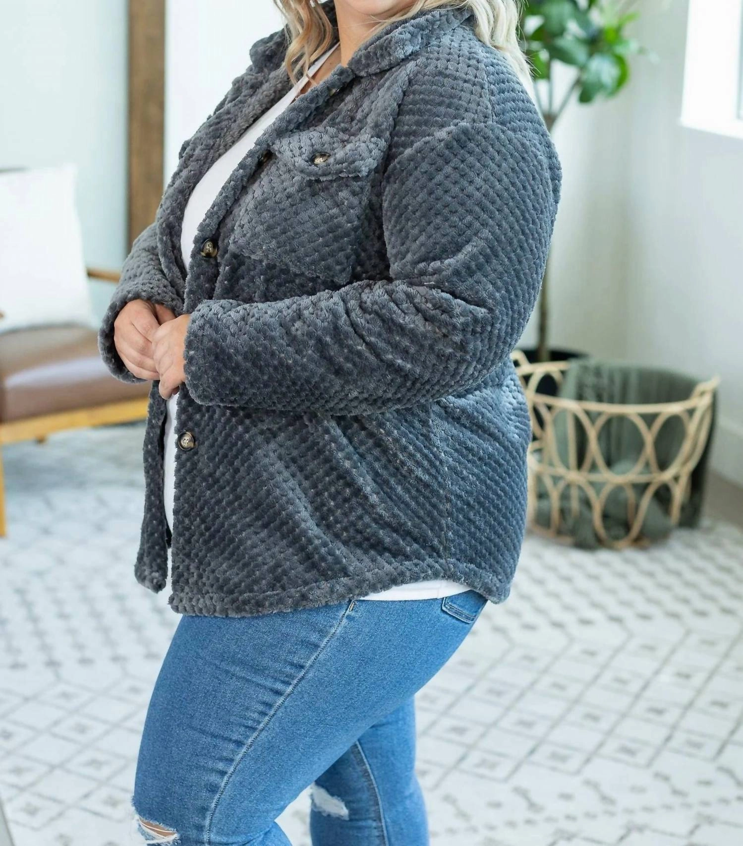 Fleece Shacket In Charcoal