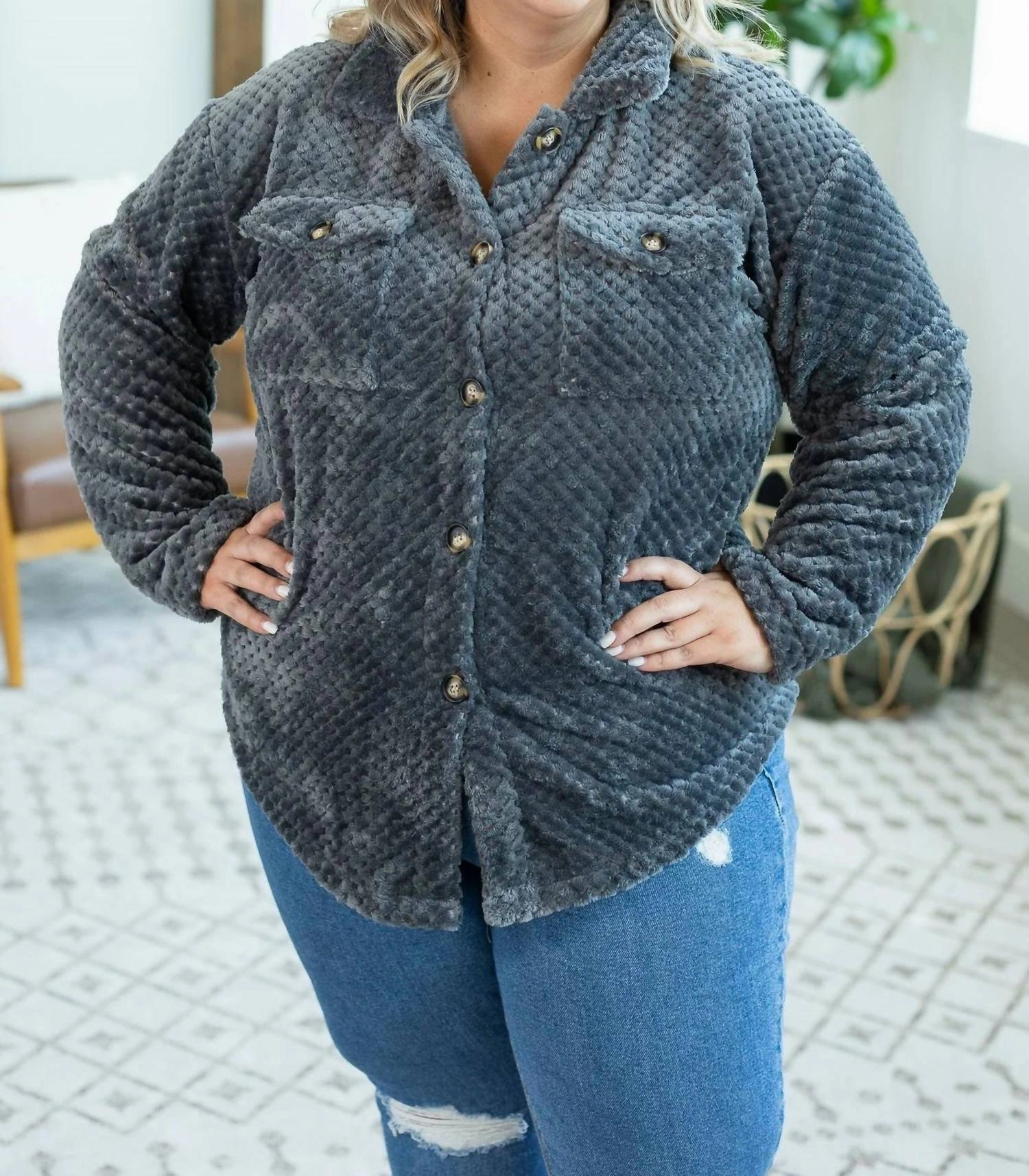 Fleece Shacket In Charcoal