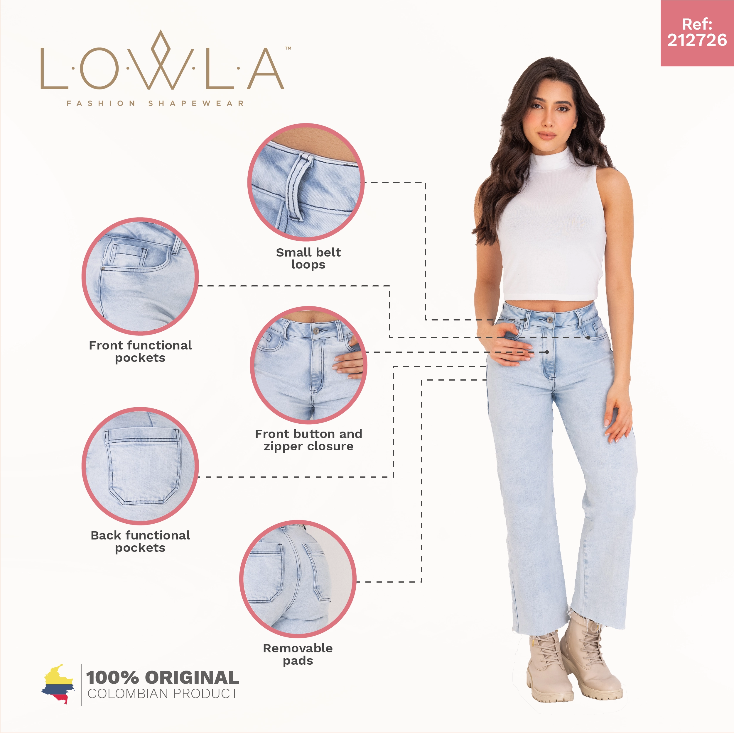 LOWLA 212726 | High Rise Wide Leg Bootcut Colombian Jeans with Removable Pads