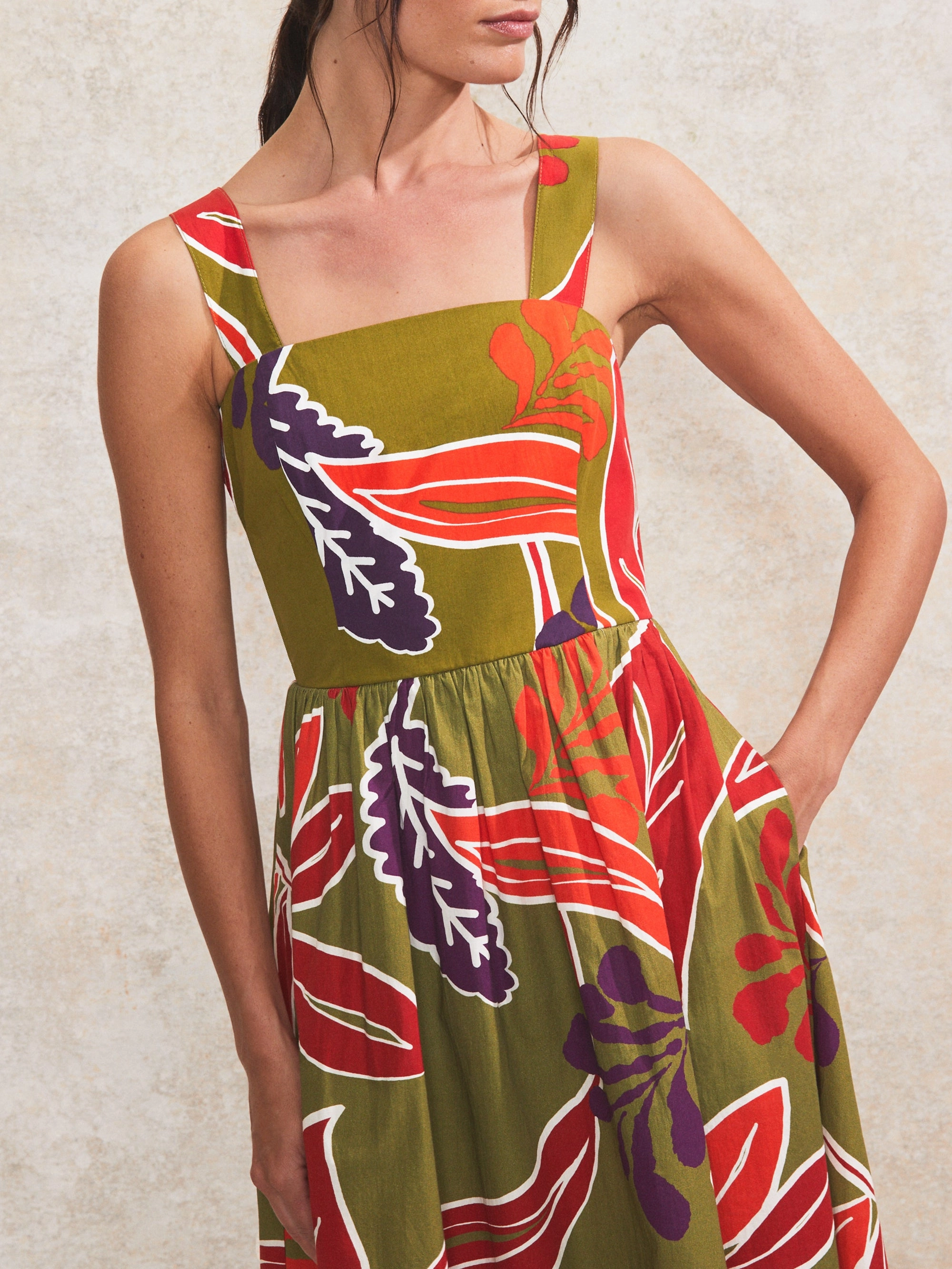 Petite Olive Leaf-Print Cotton Dress