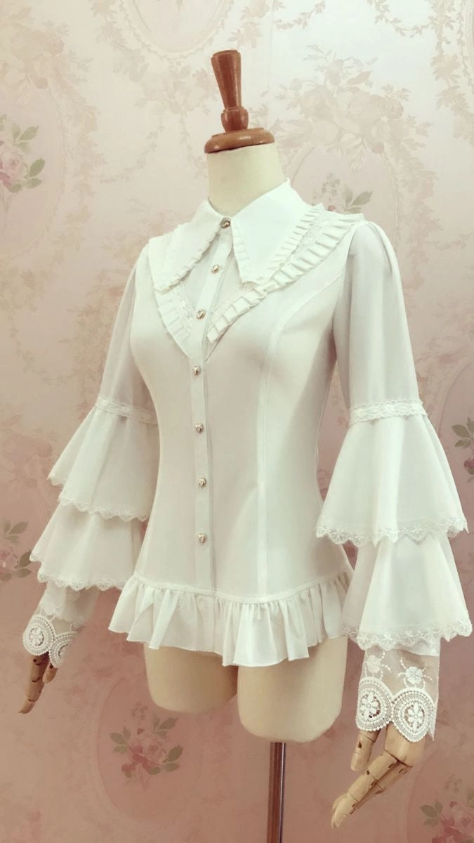 Pleated Collar Long Bell Sleeve Blouse
