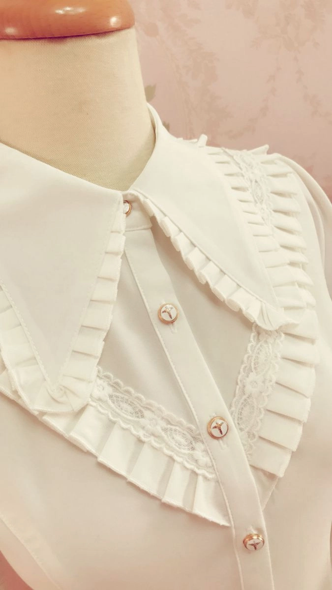Pleated Collar Long Bell Sleeve Blouse
