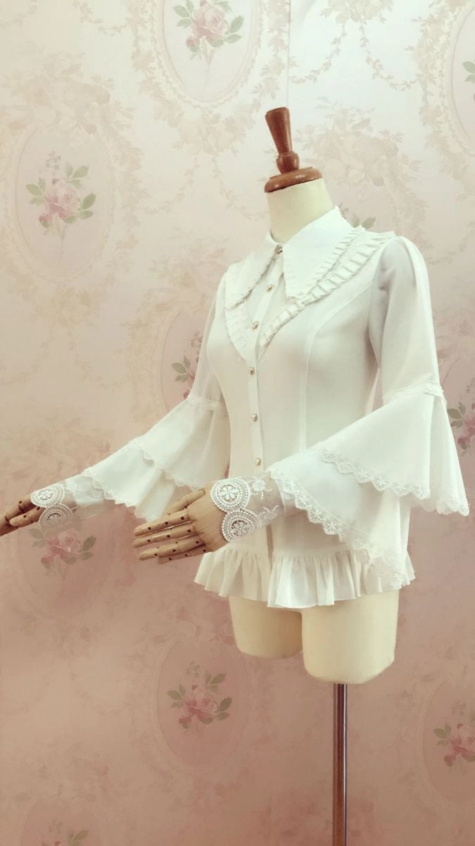Pleated Collar Long Bell Sleeve Blouse
