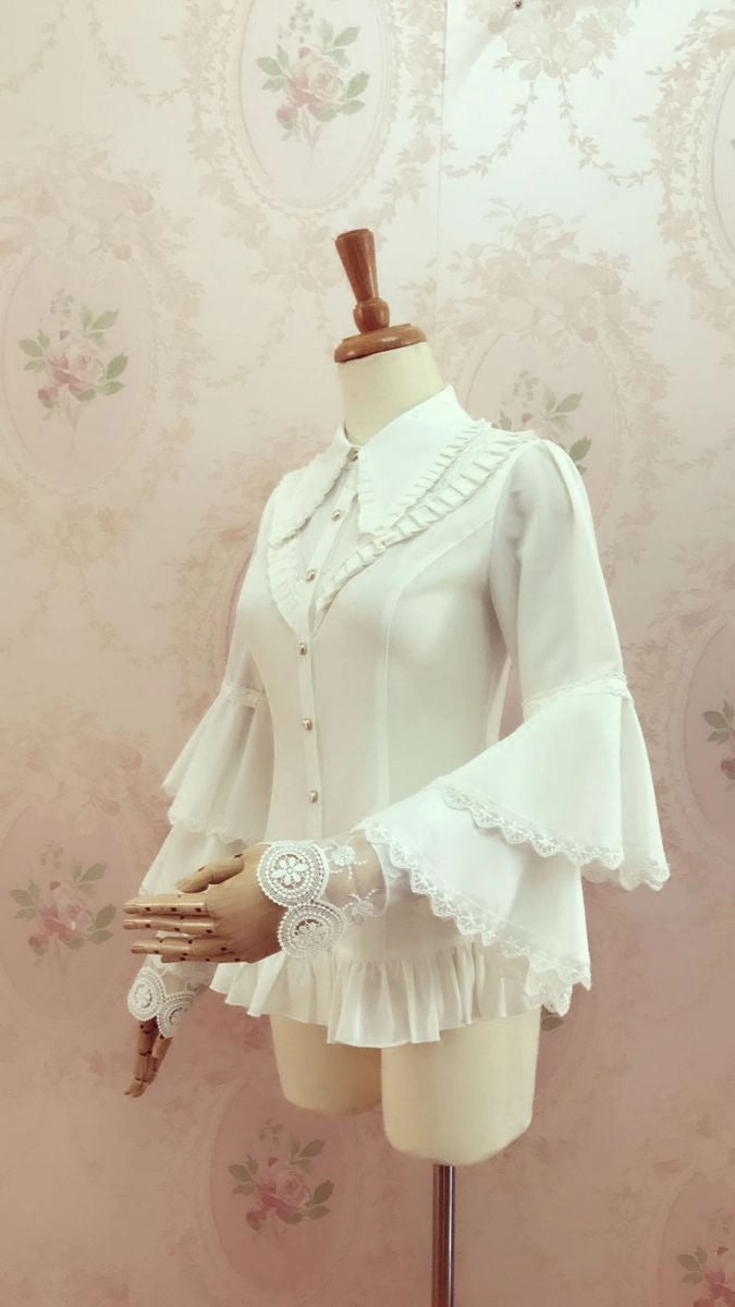 Pleated Collar Long Bell Sleeve Blouse