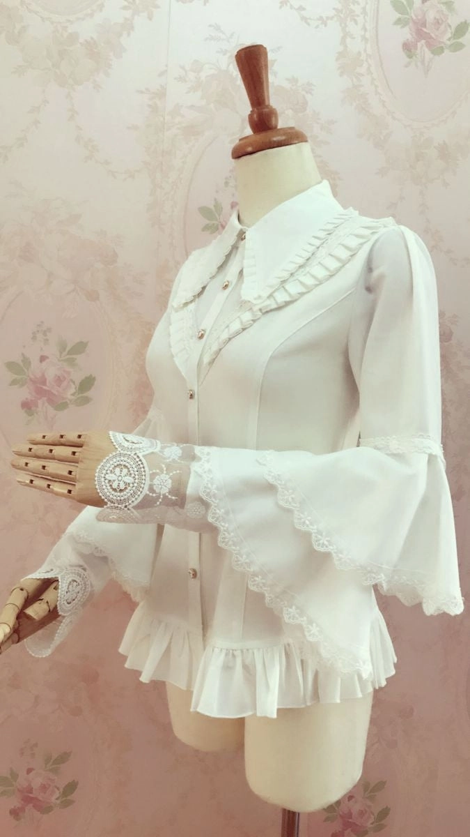 Pleated Collar Long Bell Sleeve Blouse