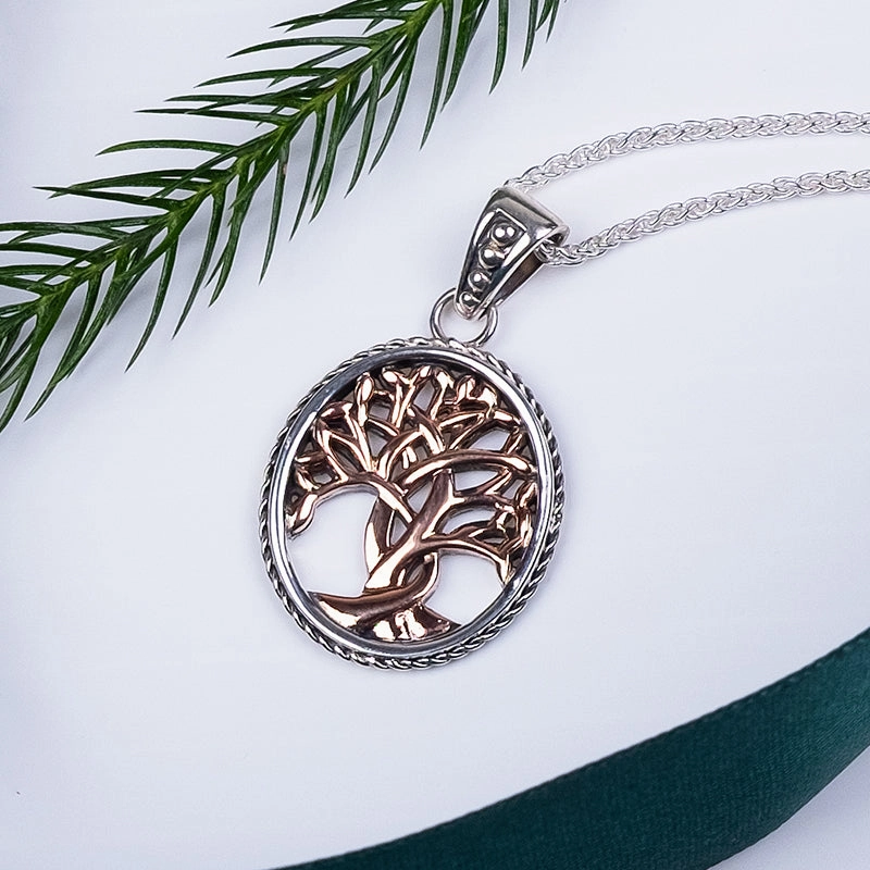 Silver and 10k Yellow or Rose Gold Tree of Life Pendant Small