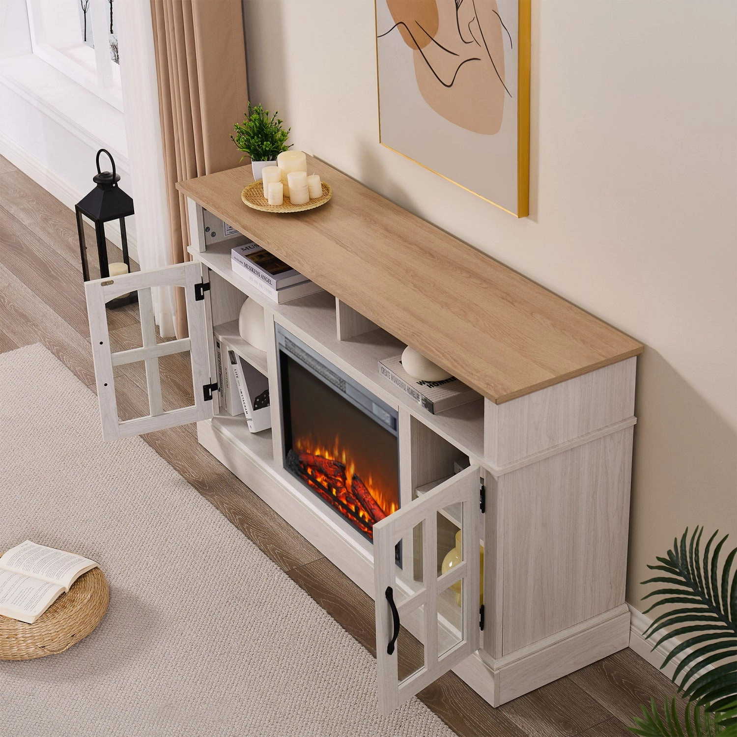 Streamdale 58" Fireplace TV Stand - 70" TV, Storage & Glass Doors