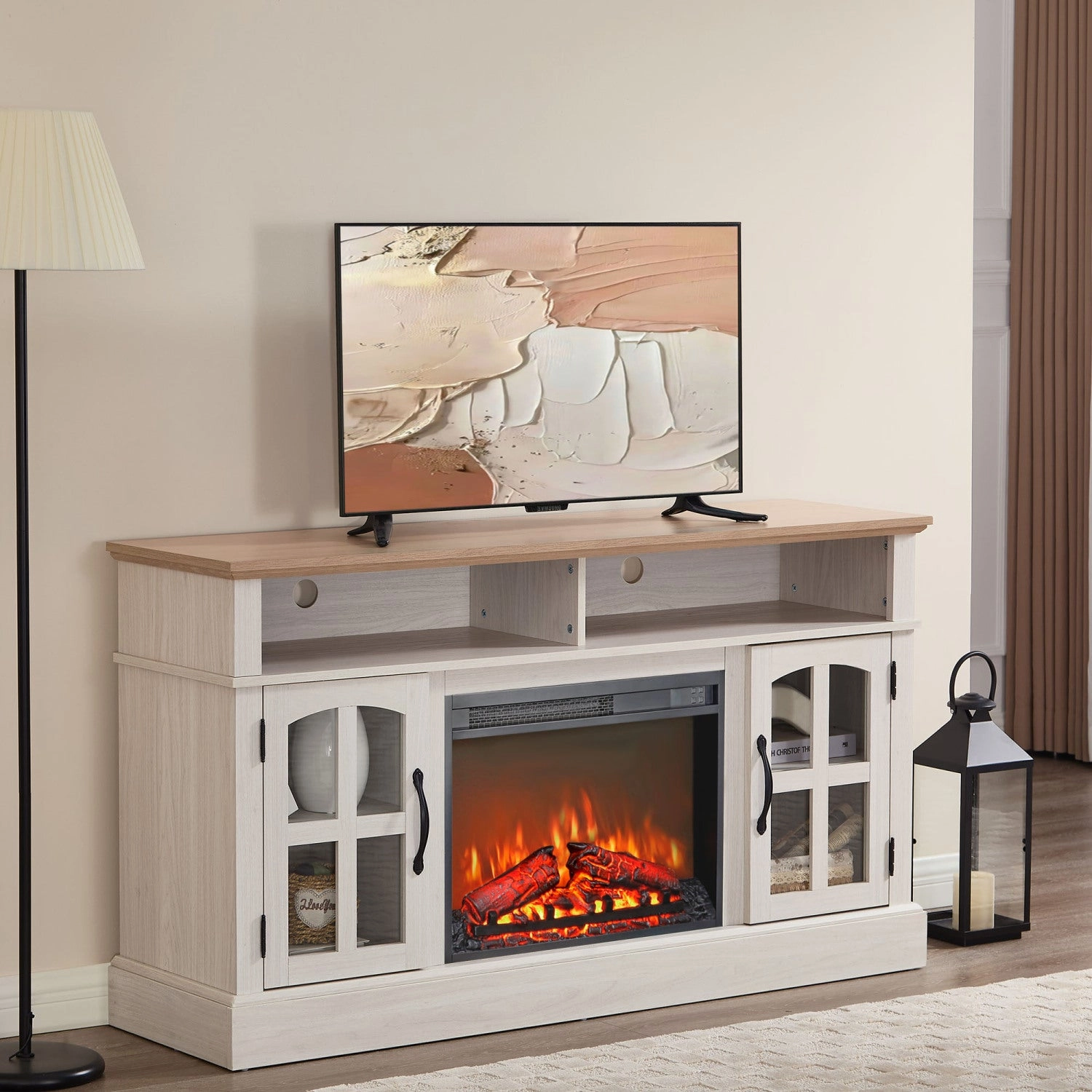 Streamdale 58" Fireplace TV Stand - 70" TV, Storage & Glass Doors
