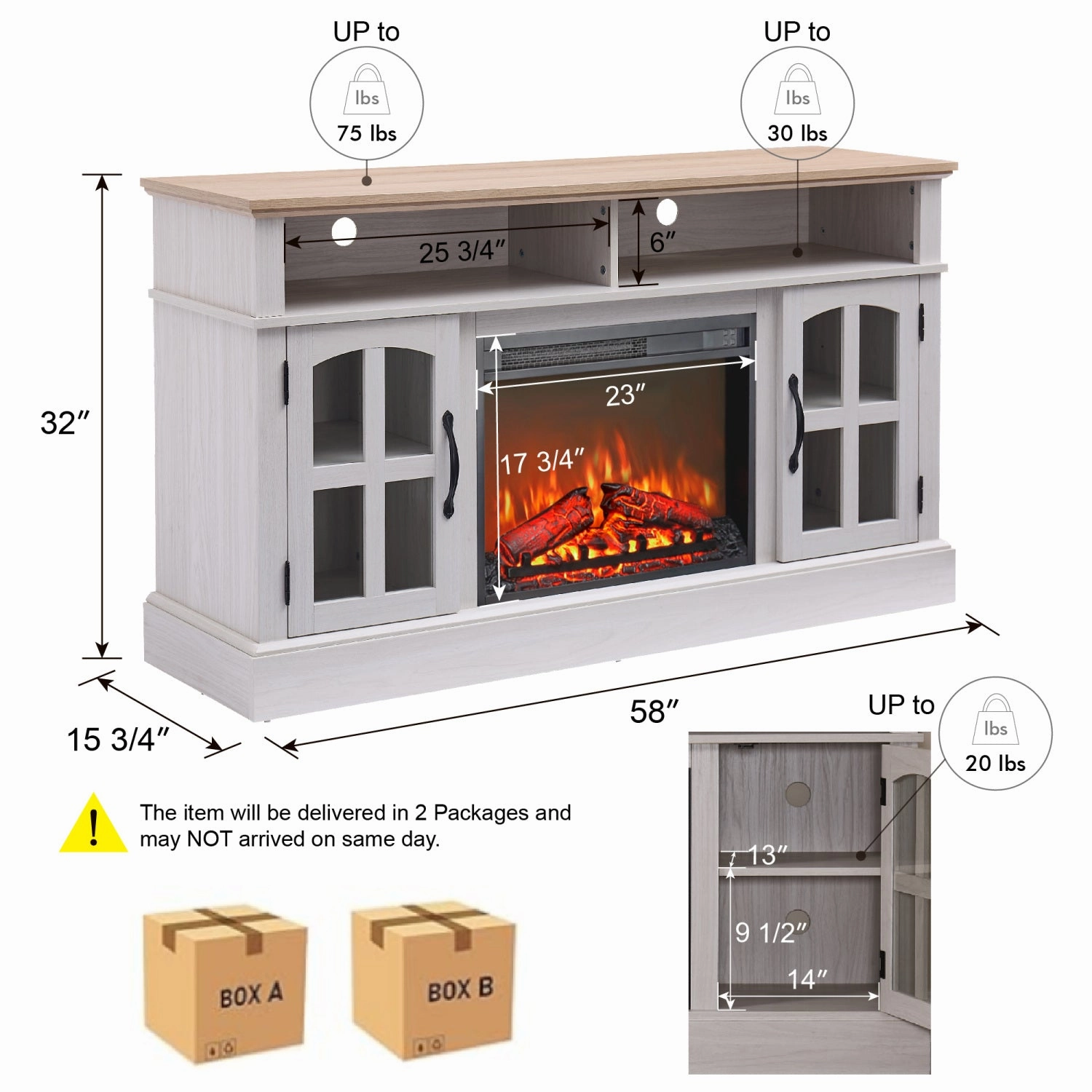 Streamdale 58" Fireplace TV Stand - 70" TV, Storage & Glass Doors