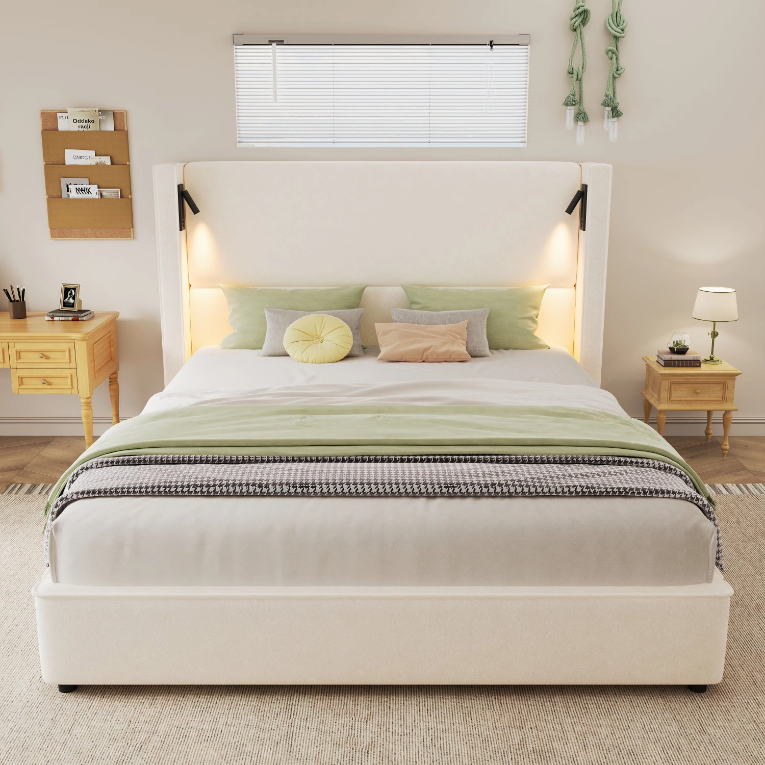 Streamdale Queen Upholstered Bed Frame with Wingback Headboard, USB