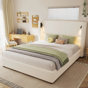 Streamdale Queen Upholstered Bed Frame with Wingback Headboard, USB