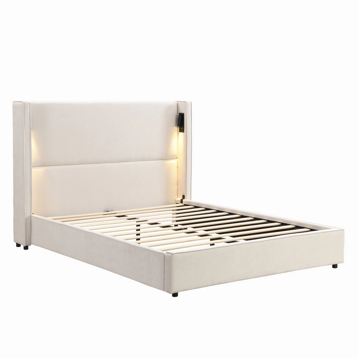 Streamdale Queen Upholstered Bed Frame with Wingback Headboard, USB