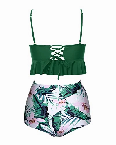 Tummy Control Flounced Hem High Waist Bikini Sets-Green Tropical Floral