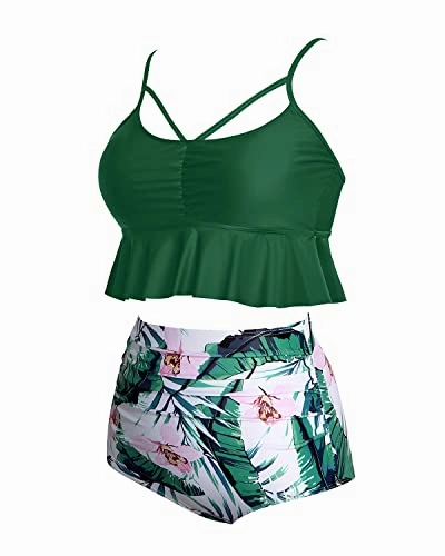 Tummy Control Flounced Hem High Waist Bikini Sets-Green Tropical Floral