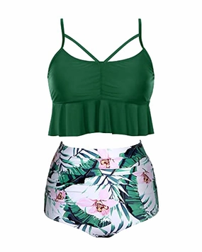 Tummy Control Flounced Hem High Waist Bikini Sets-Green Tropical Floral