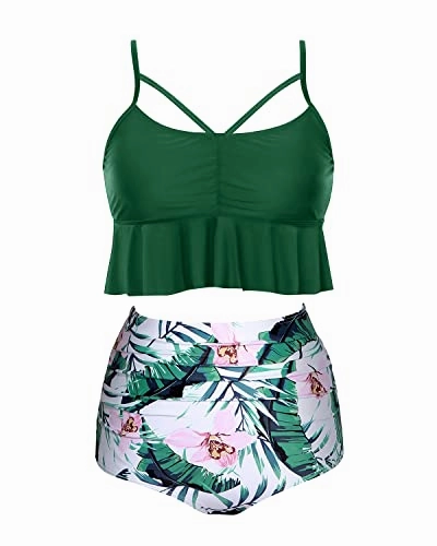 Tummy Control Flounced Hem High Waist Bikini Sets-Green Tropical Floral